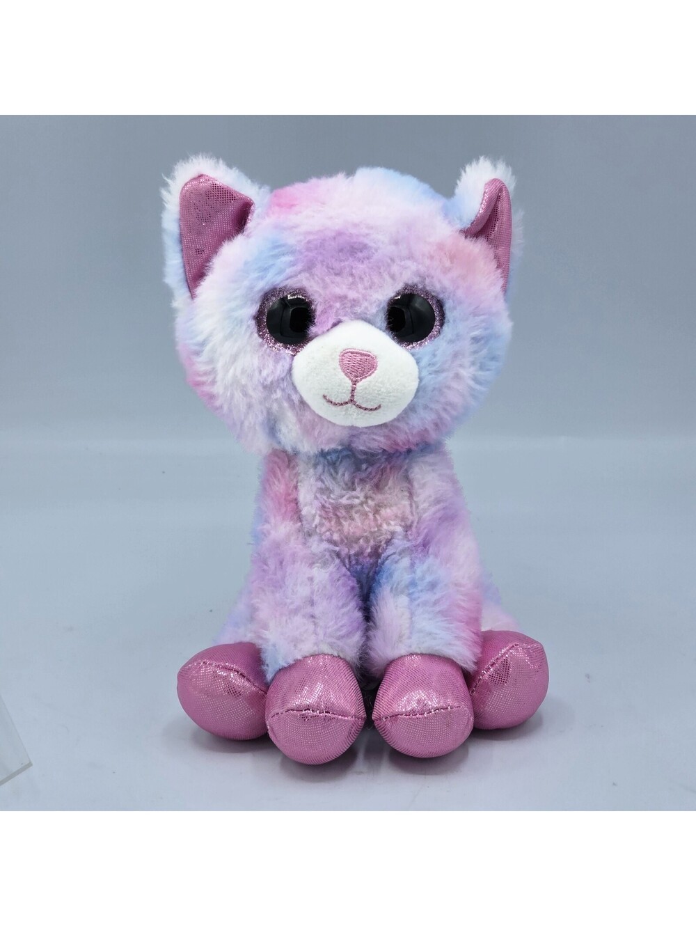 Kid Connection 7.5" Rainbow Tie Dye Cat Plush Glitter Eyes Pink Metallic Paws